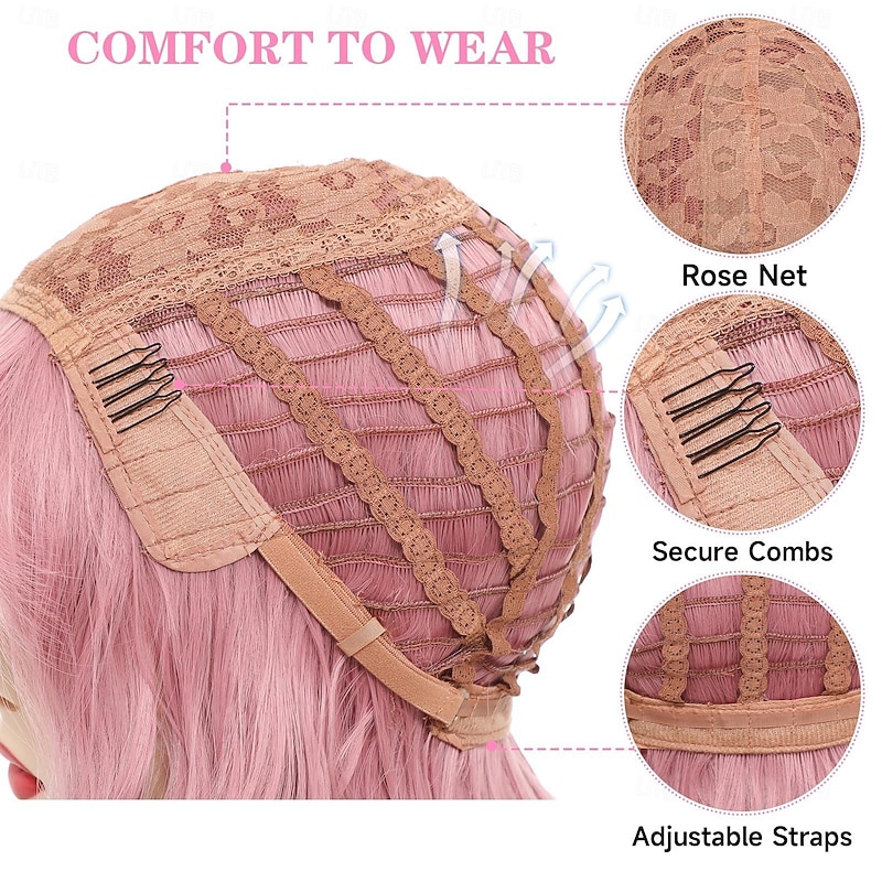 Bob Wig With Bangs Short Wavy Pink Wigs For Women Medium Length Synthetic Cosplay Bang Wig Fun Party Colored Hair Wigs(Pink, 12 Inch) Halloween Wigs4