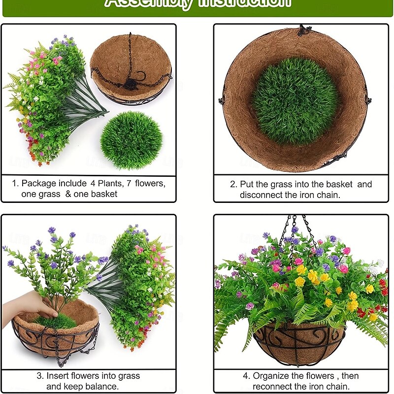 Outdoor Hanging Planter with Artificial Flowers - UV Resistant Rose, Eucalyptus Plants, Faux Plastic Greenery, Gypsophila for Indoor Garden, Porch, Window Box, Home Wedding Deco4