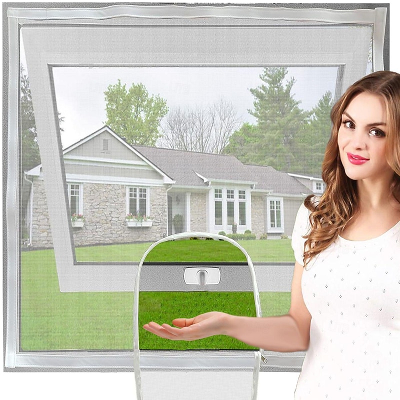 Adjustable DIY Fiberglass Mesh Window Screen with Zipper Opening - Handmade Insect for Pets, Customizable Cut-to-Size Sheet Mesh with Non-Adhesive Loop and Hook Straps