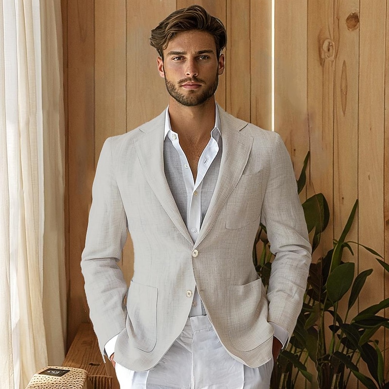 Men's 100% Linen Blazer Suits Outdoor Pocket Spring Blue Linen Jacket &  Fall 100% Linen Solid Color Button Pocket Single Breasted Blazer Blue Beige