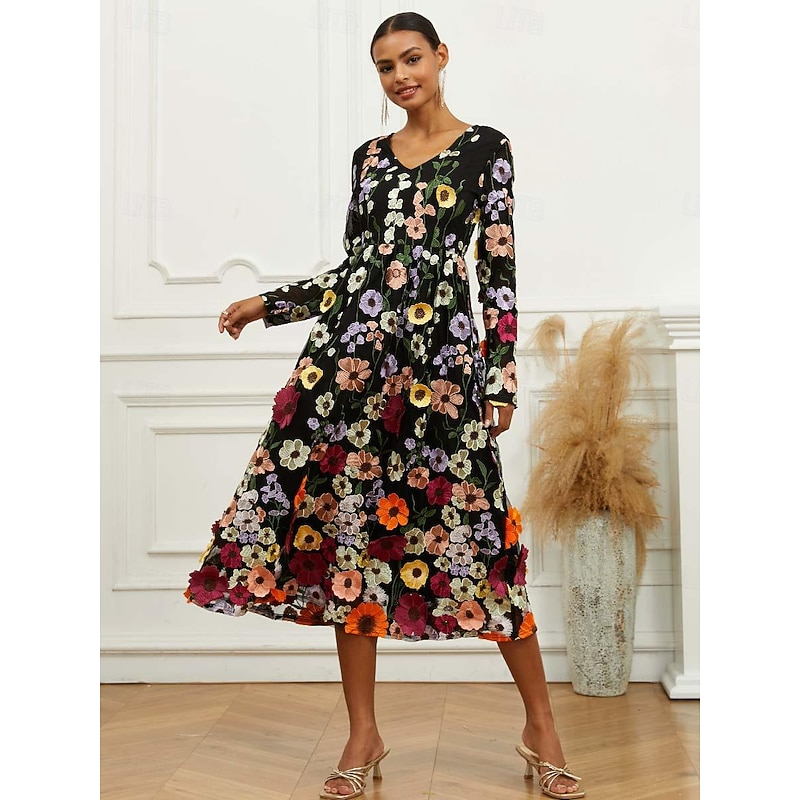Women's Midi Dress Black Dress A Line Dress Elegant Stylish Bishop Sleeve Wedding Guest Cocktail Party Regular Fit Floral Long Sleeve V Neck Black Spring Fall