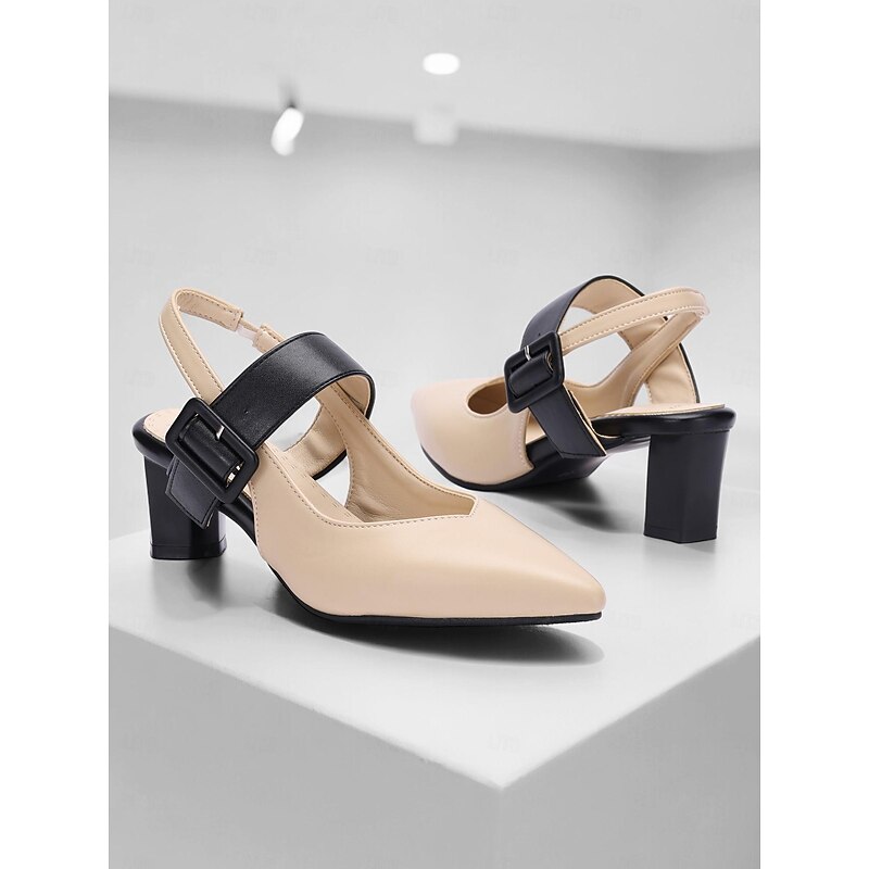 Women's Beige and Black Slingback Block Heel Pumps with Buckle – Elegant Pointed Toe Dress Shoes for Office and Formal Events