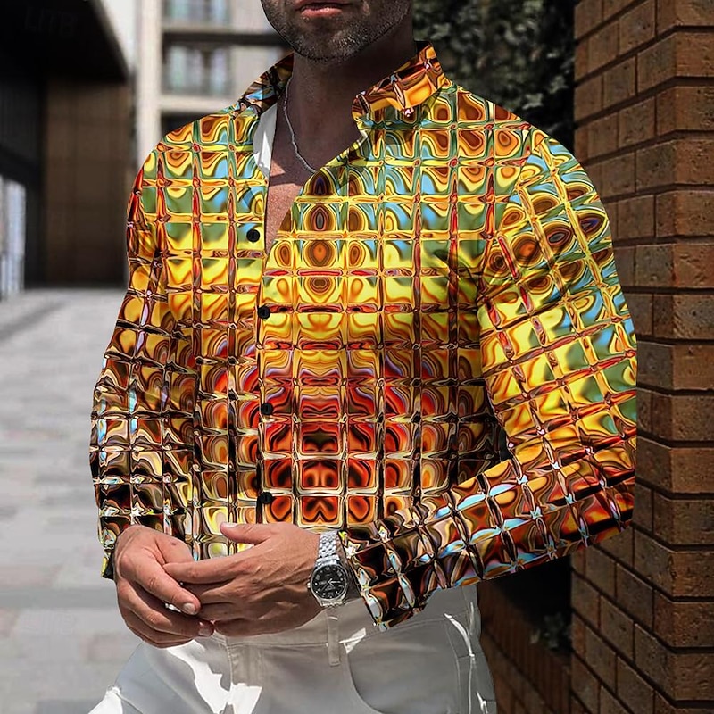 Men's Gradient Metallic Shirt Button Up Shirt Long Sleeve Vintage Casual Party Evening Wear Daily Fall Winter Spring & Summer Turndown Button Up 3D Print Blue Gold Gray