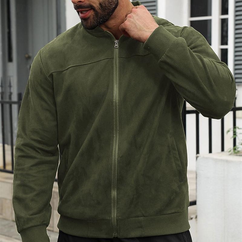 Men's Lightweight Jacket Bomber Jacket Faux Suede Jacket Bomber Leather Jacket Daily Vacation Pocket Fall & Winter Plain Fashion Classic Stand Collar Regular Black Navy Blue Royal Blue Khaki Army3