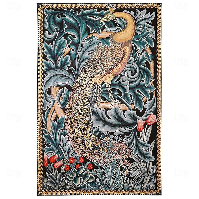 Jacquard Woven Tapestry Gobelin Aubusson Wall Art Hanging Large Tapestry Reproduction Loom Cotton Weave Forest Peacock Belgian Tapestry (without tassels and rod)4