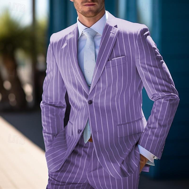 Men's Graduation Blazer Business Cocktail Party Wedding Party Fashion Casual Spring &  Fall Polyester Stripes Pocket Buttons Comfortable Single Breasted Blazer Pink Blue Orange Green2