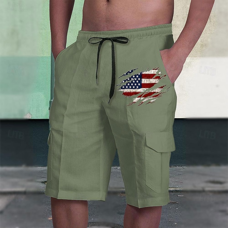 Independence Day US Flag Men's Shorts Summer Hawaiian Shorts Casual Shorts Side Pockets Drawstring Elastic Waist Breathable Soft Short Casual Daily Holiday Fashion Streetwear