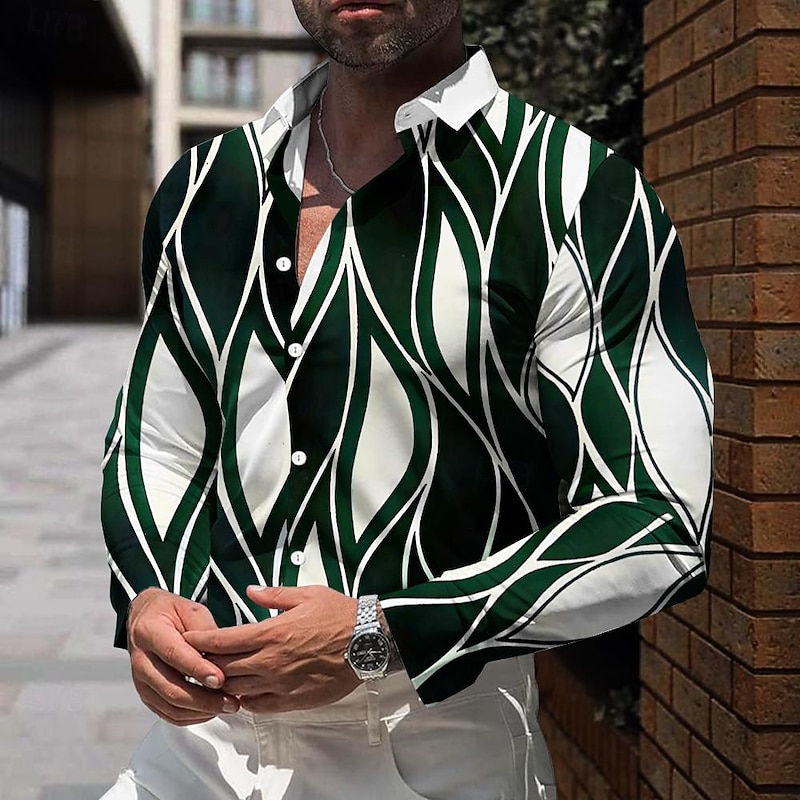 Men's Striped Geometric Pattern Shirt Dress Shirt Button Up Shirt Long Sleeve Business Casual Daily Fall Winter Spring & Summer Turndown Button Up 3D Print Black Blue Green