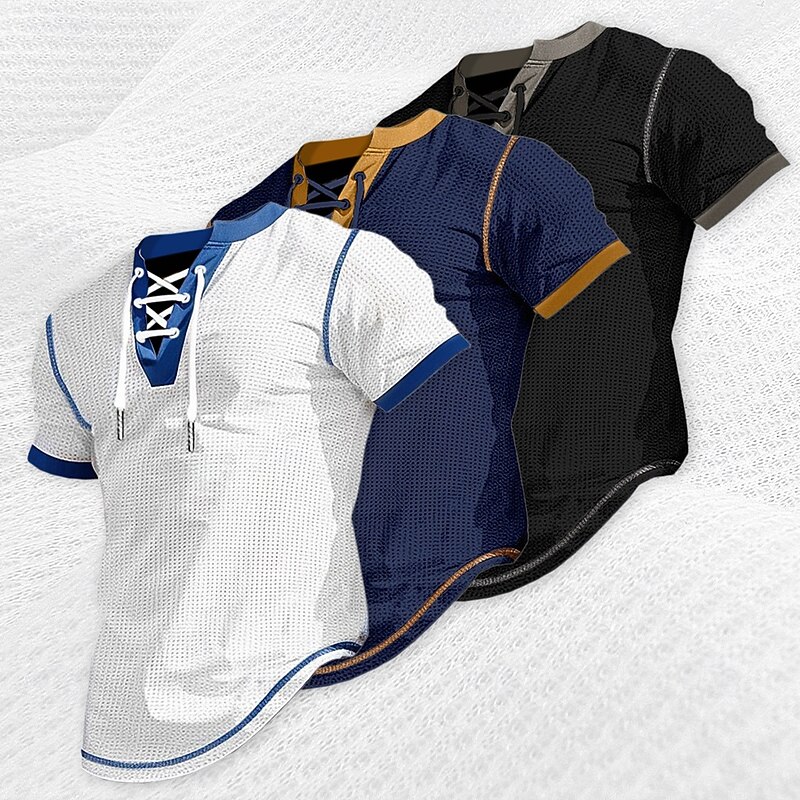 Men's Waffle Henley Shirt Henley Shirt Short Sleeve Shirt Tee Top Short Sleeve V Neck Henley Summer Patchwork Fashion Daily Lace up Drawstring Outdoor Street Causal Black White Navy Blue Top Tee for2