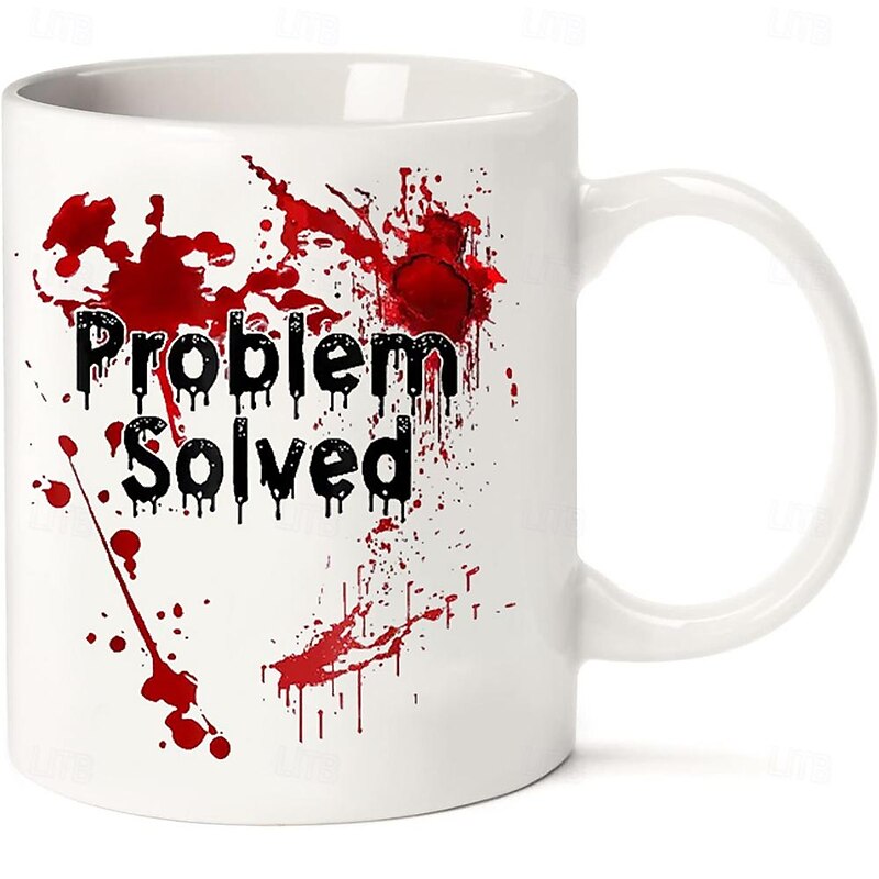 Halloween Blood Coffee Mug 11 oz Problem Solved Ceramic Cup Spooky Design Perfect for Halloween Gift Durable and Microwave Safe