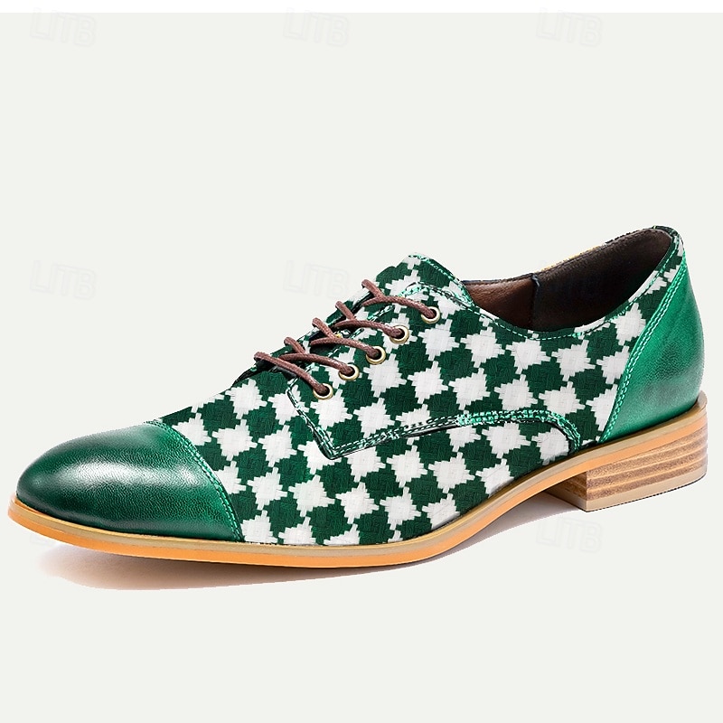 Men's Oxfords Plaid Tartan Leather Cowhide Breathable Comfortable Slip Resistant Lace-up Green Fall Winter3