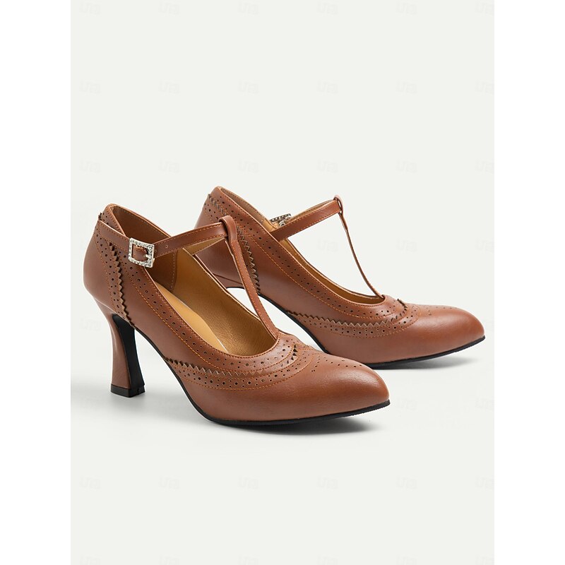 Women's Vintage Brown T-Strap Heels with Brogue Detailing - Perfect for Office, Parties, and Formal Events2