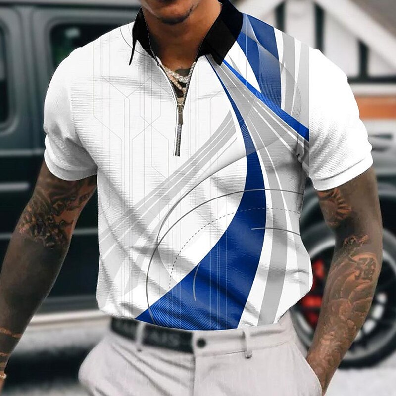 Men's Geometric Zip Polo Shirts Golf Shirt Short Sleeve Polo Shirts Collared Shirts Business Casual Vacation Wear Formal Wear Festival Wear 3D Print Quarter Zip Polo Yellow Pink Red2