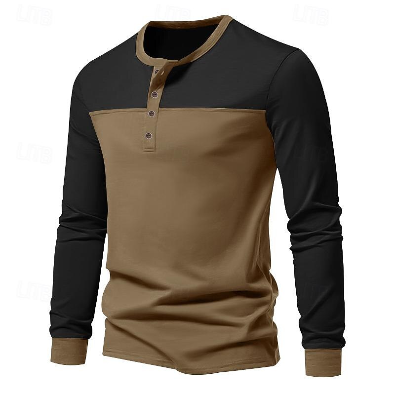 Men's Button T Shirt T Shirt Henley Shirt Tee Long Sleeve Henley Spring &  Fall Color Block Fashion Designer Basic Patchwork Vacation Street Going out Black Brown Army Green Top Tee for Men4