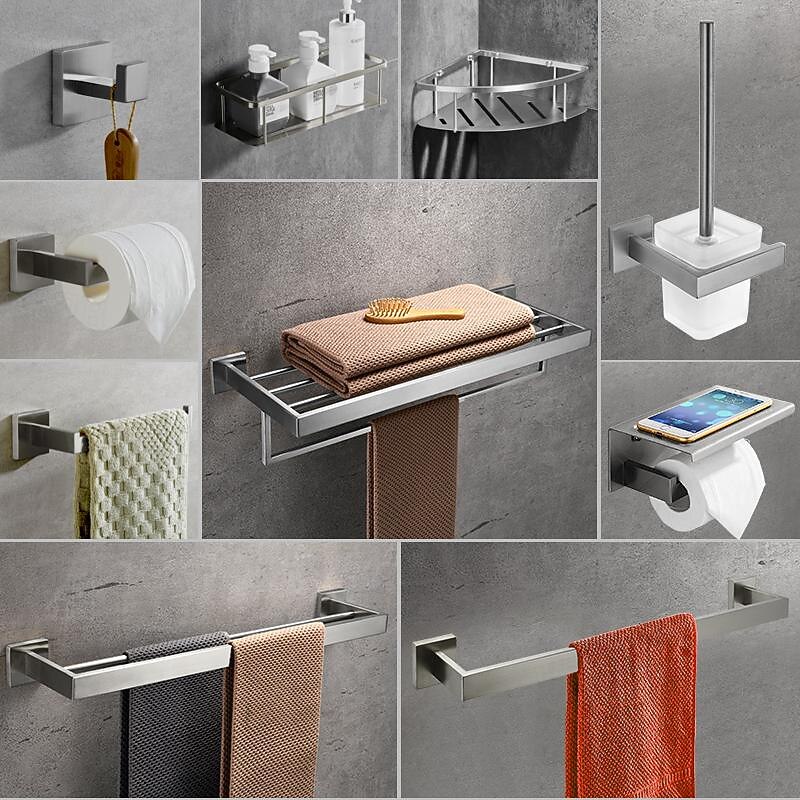 Bathroom Hardware Accessories Stainless Steel Wall Mounted Brushed Nickel Towel Bar Hand Towel Holder Toilet Paper Holder Robe Towel Hook Coat Hook Towel Bar (Silver)
