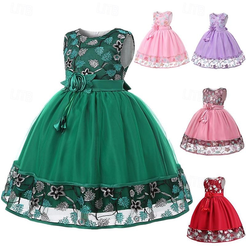 Girls' 3D Flower Flower Girl Dress Party Dress Sleeveless Summer Performance Wedding Party Princess Beautiful Sweet Kids 4-12 Years Party Dress Swing Dress A Line Dress Midi Regular Fit