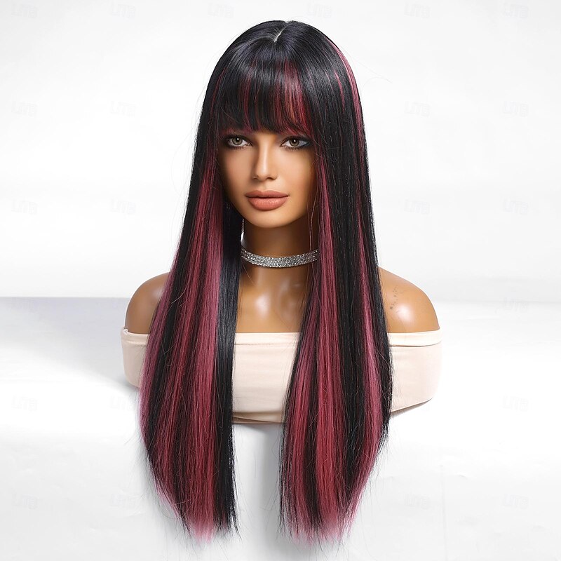 Synthetic Wig Uniforms Career Costumes Princess Straight kinky Straight Middle Part Layered Haircut Machine Made Wig 26 inch Black / Pink Synthetic Hair Women's Cosplay Party Fashion Natural Black2