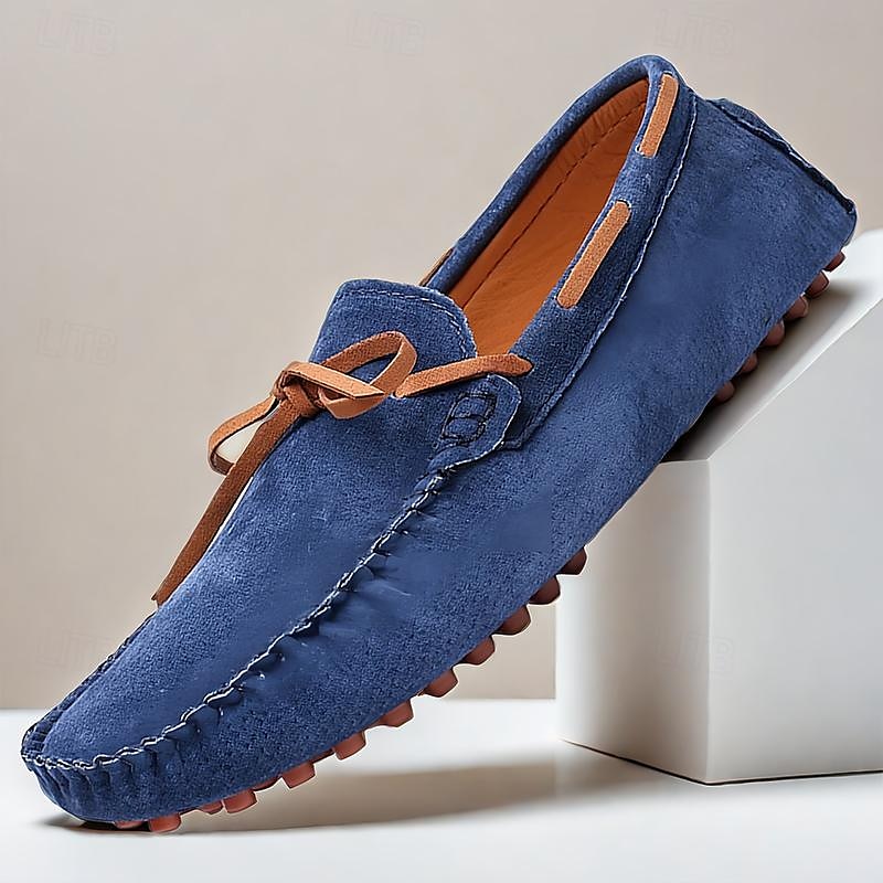 Men's Blue Suede Loafers - Casual Slip-On Driving Shoes with Leather Laces