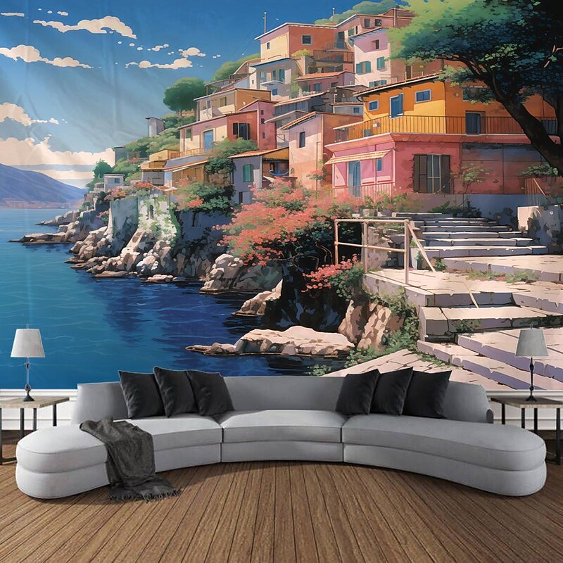 Nature Mediterranean Village Hanging Tapestry Wall Art Large Tapestry Mural Decor Photograph Backdrop Blanket Curtain Home Bedroom Living Room Decoration2