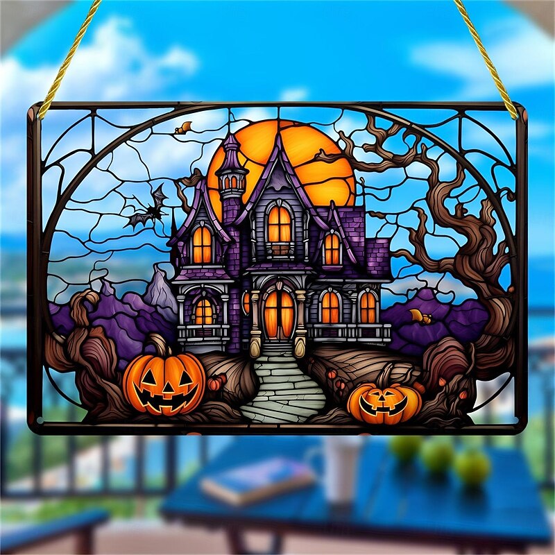 Halloween Haunted House Castle and Pumpkin Head Acrylic Wall Hanging - Spooky Home Decor for Windows, Doors, and Porch Walls2
