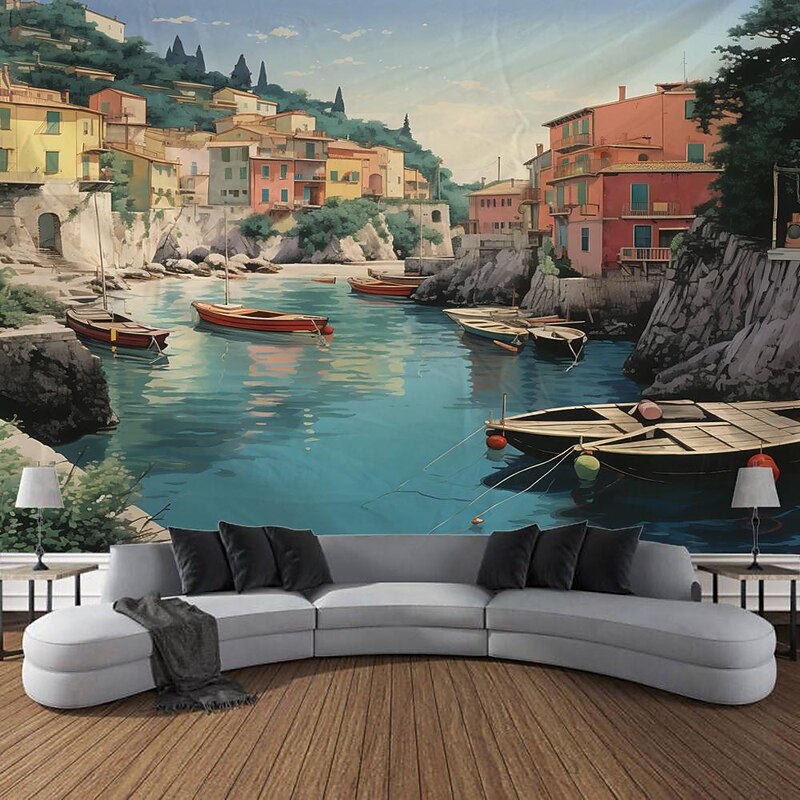 Nature Mediterranean Village Hanging Tapestry Wall Art Large Tapestry Mural Decor Photograph Backdrop Blanket Curtain Home Bedroom Living Room Decoration4