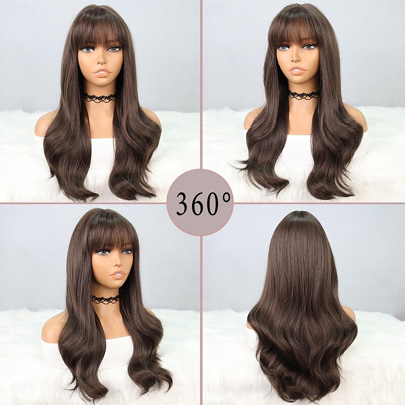 Synthetic Wig Natural Wave Deep Wave Neat Bang Wig 24 inch Dark Brown Wine Red Synthetic Hair Women's Red Brown Burgundy4