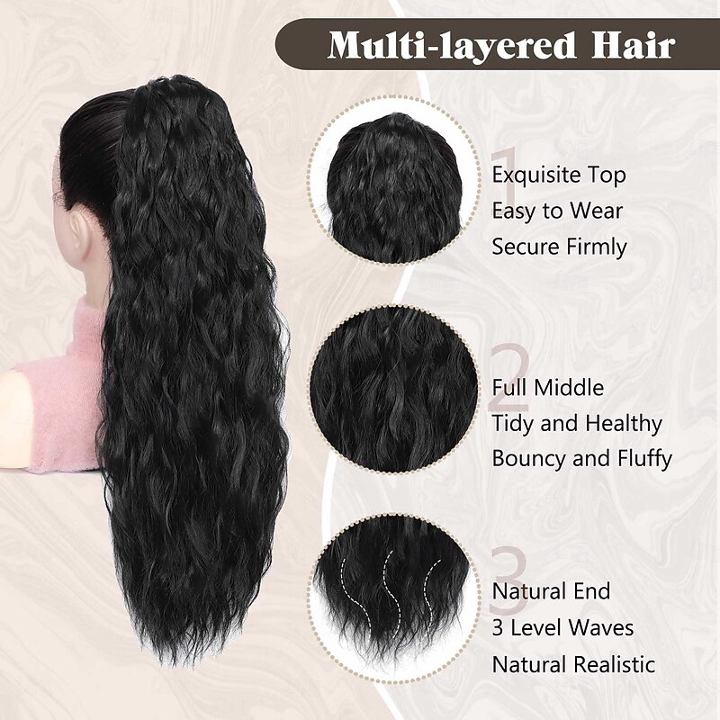 Wavy Curly Ponytail Extension for Black Women Drawstring Ponytail Pony Tails Hair Extensions Ponytail 26 Inch Long Natural Black Hair Ponytail Extension Clip in Synthetic Fake Ponytail Hair Extensions3