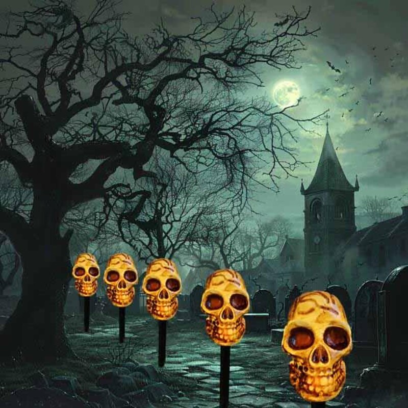 5pcs Solar Halloween Outdoor Waterproof Lawn Lights Pumpkin Skull Headlights Villa Courtyard Walkway Outdoor Garden Landscape Lamp Halloween Party Scary Night Light2