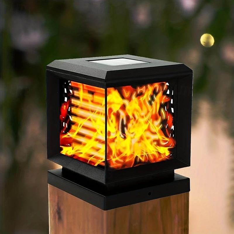 Solar Post Cap Lights with Flickering Flame Effect - Waterproof LED Halloween Decorations for Outdoor Wood Posts - Create a Magical Ambiance in Your Patio Yard, Garden, or Deck 1pc2