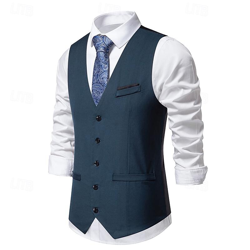 Men's Vest Gilet Daily Wear Vacation Going out Vintage Fashion Spring &  Fall Button Polyester Comfortable Plain Single Breasted V Neck Regular Fit Black Burgundy Dark Navy Sky Blue Vest3