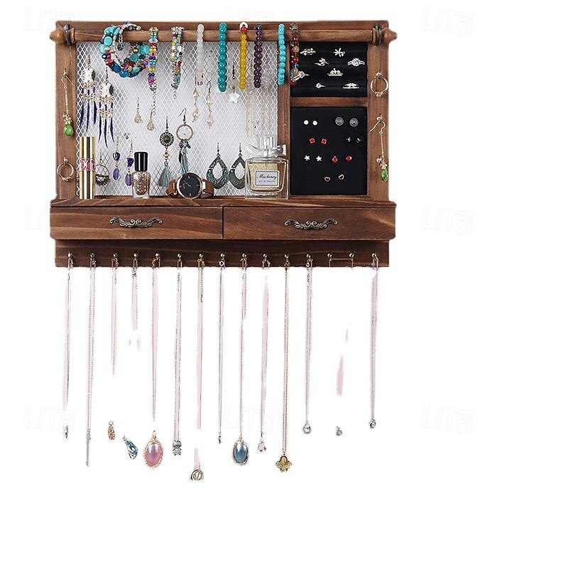 Wall Mounted Jewelry Display Stand with Drawer Solid Wood Storage for Necklace, Earrings, Bracelet, Jewelry Storage