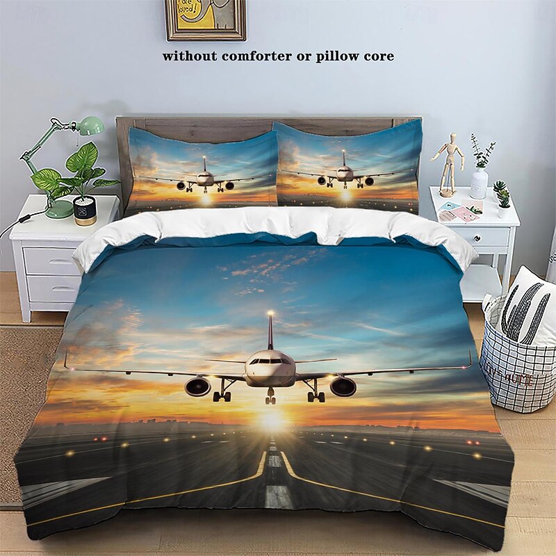 Airplane Sky Sunset Runway Duvet Cover Set - Includes Duvet Cover and Pillowcases - Stunning Airplane and Sunset Design - Soft and Comfortable Fabric3