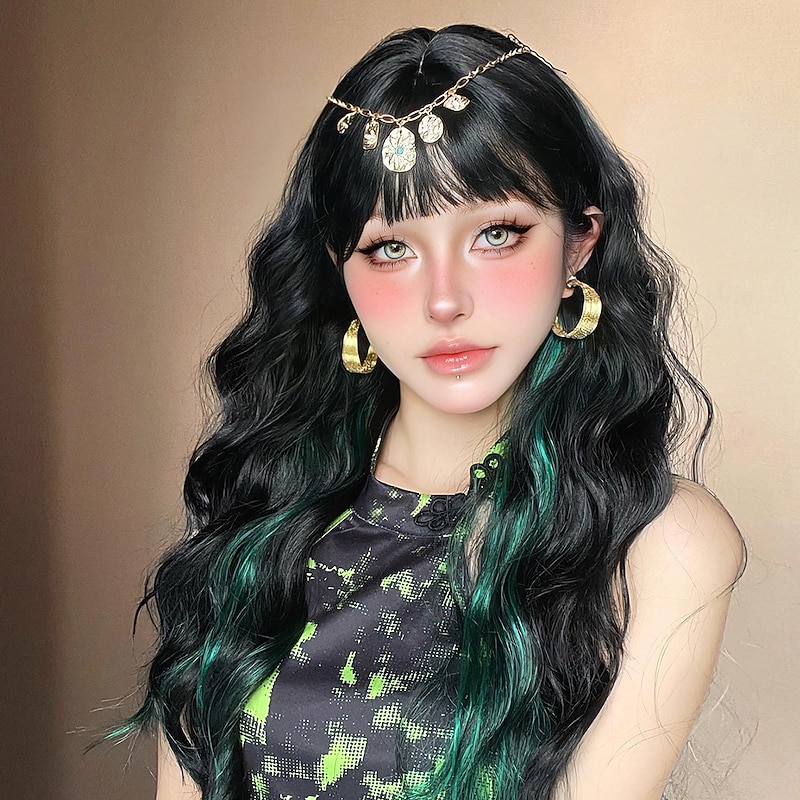 Synthetic Wig Uniforms Career Costumes Princess Curly Wavy Middle Part Layered Haircut Machine Made Wig 28 inch Black / Green Synthetic Hair Women's Cosplay Party Fashion Black3