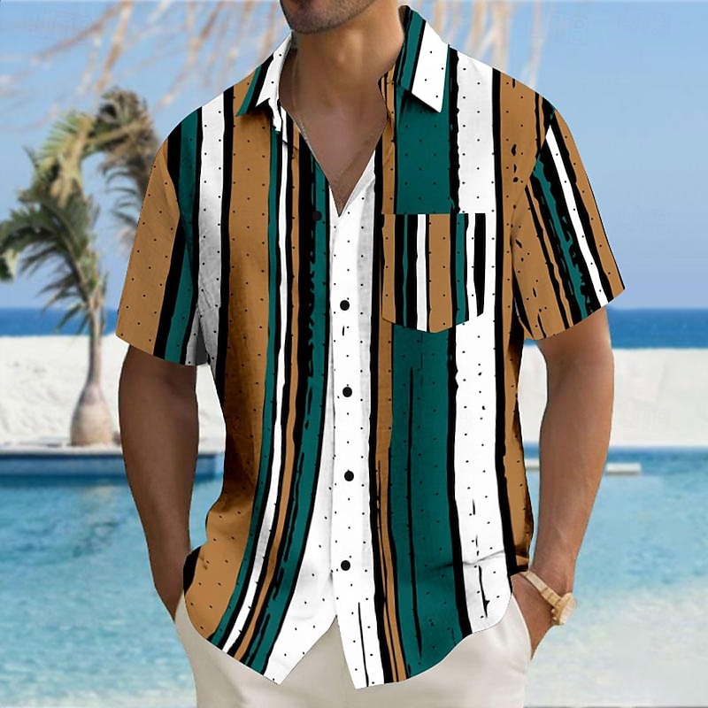Men's Striped Geometric Pattern Button Up Shirt Printed Shirts Short Sleeve Hawaiian Resort Outdoor Business / Ceremony / Wedding Summer Turndown Print Button-Down Yellow Pink Blue Gray2