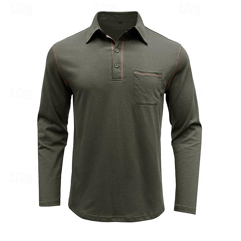 Men's Business Polo Golf Shirt Casual Sports Lapel Long Sleeve Fashion Basic Plain Button Spring &  Fall Regular Fit Dark Brown Dark Grey Black Burgundy Navy Blue Olive Business Polo2
