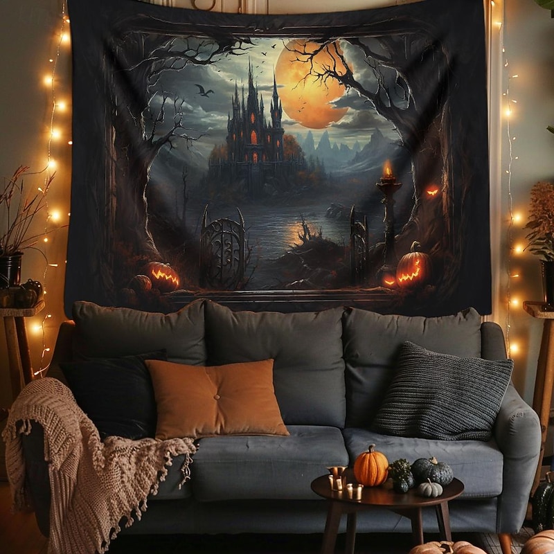 Halloween Decorations Hanging Tapestry Jack O Lantern Pumpkins Wall Art Large Tapestry Mural Decor Photograph Backdrop Blanket Curtain Home Bedroom Living Room Forest Castle2