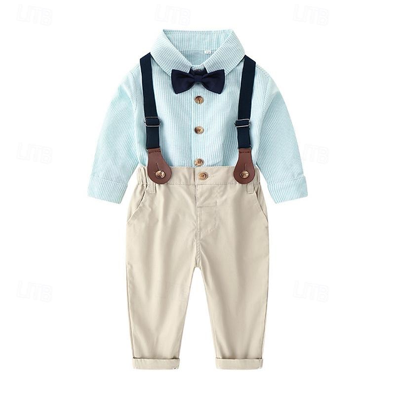2 Pieces Ring Bearer Suit Boys Kids Shirt & Pants Formal Party Cool Gentle Plaid Stripe Light Green Pink Red Cotton3