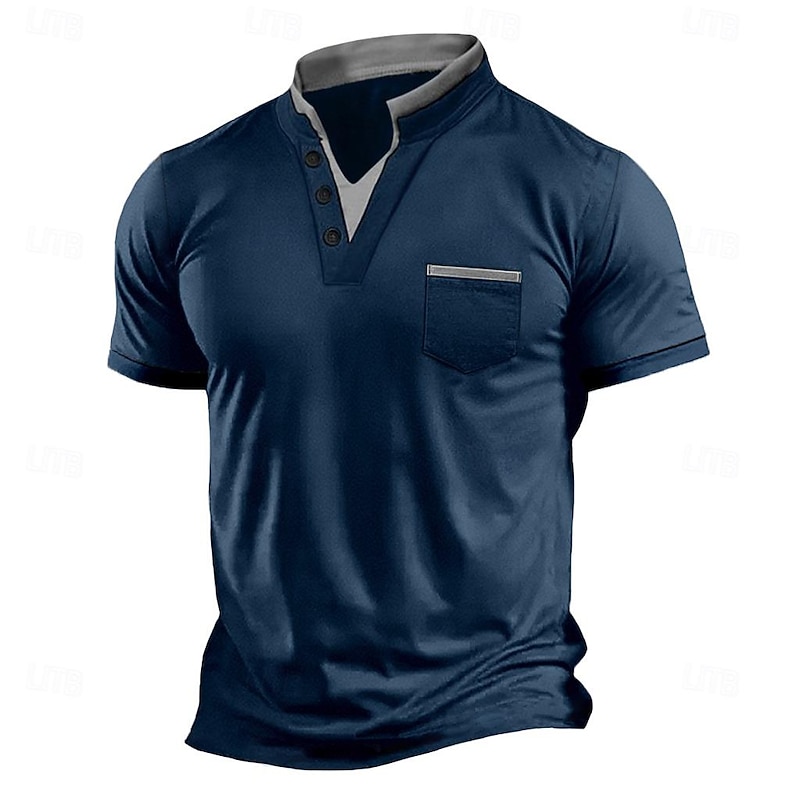 Men's V Neck Tee Short Sleeve Shirt Tee Top Short Sleeve V Neck Summer Patchwork Daily Street Style Buttons Outdoor Street Causal Drak Gray Black White Top Tee for Men