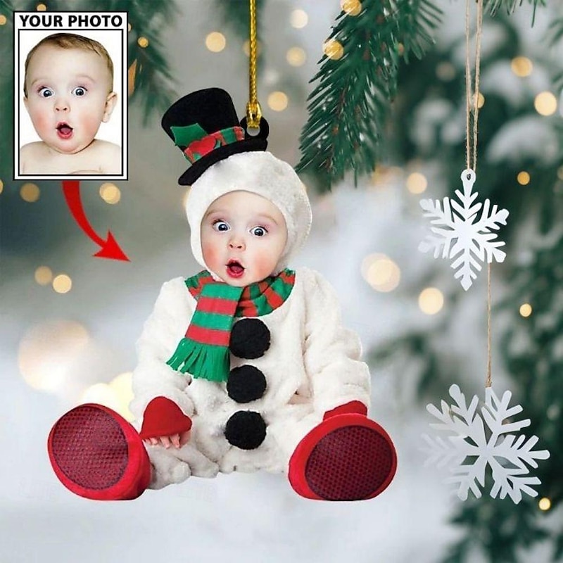 Personalized Photo Christmas Ornaments Acrylic 2D Custom Snowman Baby Face Christmas Tree Ornaments Xmas Decoration Hanging Pendant Gifts