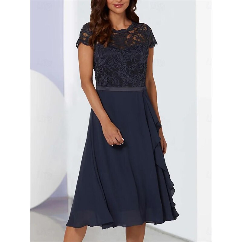 Women's Lace Dress Midi Dress Lace Lace Patchwork Party Wedding Guest Work Elegant Formal Crew Neck Short Sleeve Dark Blue Color