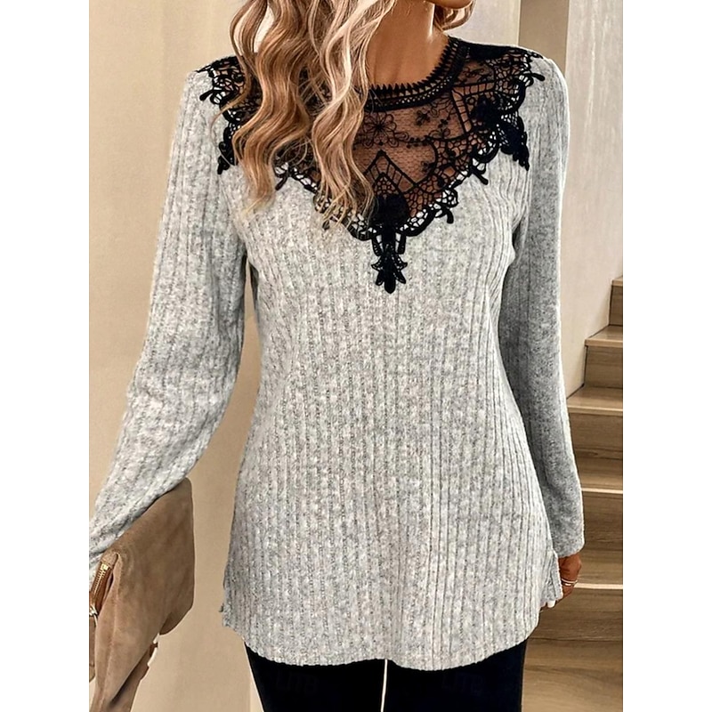 Women's Elegant Lace Tops Eyelet Blouse Stylish Solid Color Plain Regular Tops Long Sleeve Crew Neck Lace Patchwork Regular Fit Daily Romantic Petite Tops Summer Holiday Wear Light Grey Spring Fall