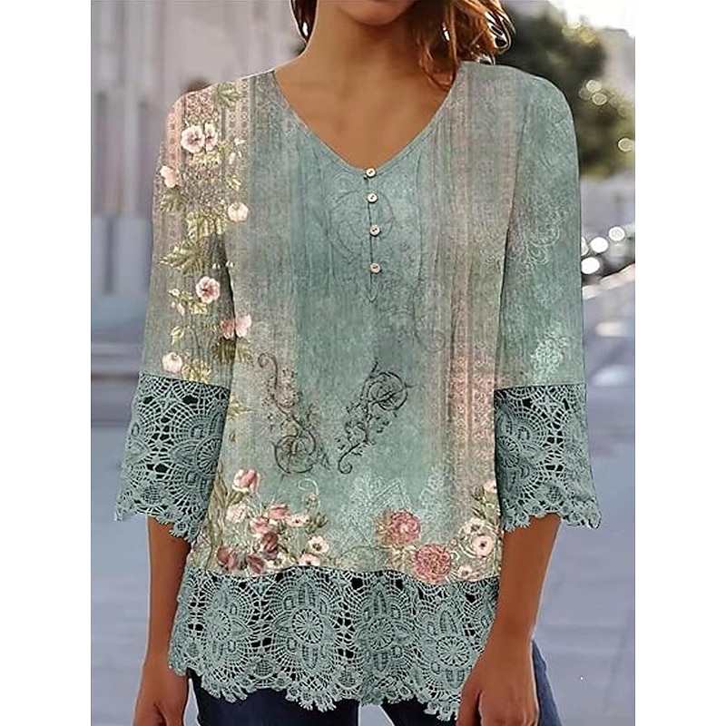 Women's Elegant Lace Tops Eyelet Blouse Casual Ombre Floral Lace Buttons 3 4 Length Sleeve Regular Tops V Neck Daily Romantic Petite Tops Summer Holiday Wear Black Pink Blue Green Spring Fall