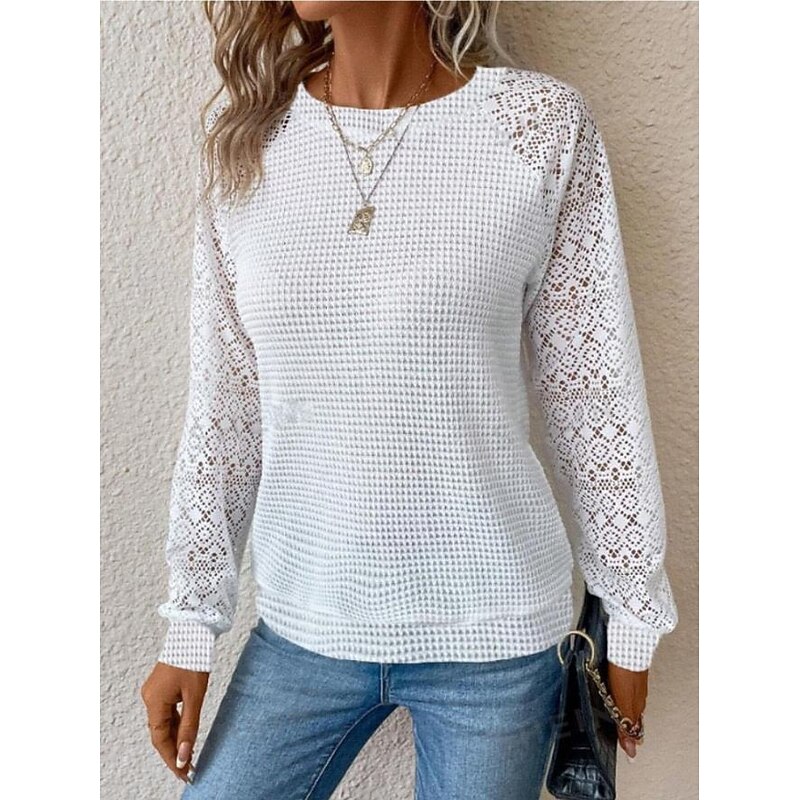 Women's Designer Sweatshirt Elegant Casual Going out Crew Neck Eyelet Loose Fit Long Sleeve Black White Spring Fall
