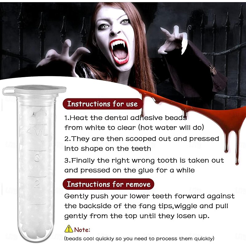 4 Pairs Halloween Vampire Teeth 4 Sizes Custom Fangs Vampire Teeth with 1 Tube Teeth Pellets Adhesive for Cosplay Party Props Halloween Party Fangs Fake Dentures4