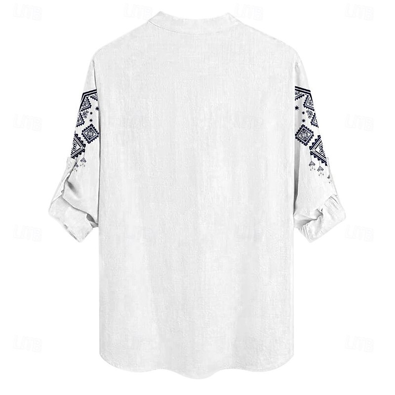 Men's Ethnic Shirt Button Up Shirt Henley Shirt Long Sleeve Vintage Casual Tribal Vacation Daily Beach Summer Winter Spring &  Fall Stand Collar Button Up 3D Print Light Blue White Green2
