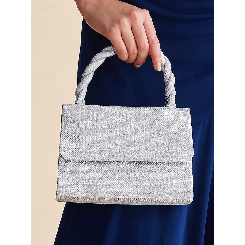 Women's Silver Glitter Handbag with Braided Handle and Chain Strap for Evening Events and Parties