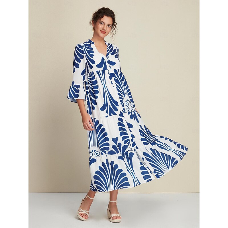Chiffon Folk Print 3/4 Length Sleeve V Wire Maxi Dress4