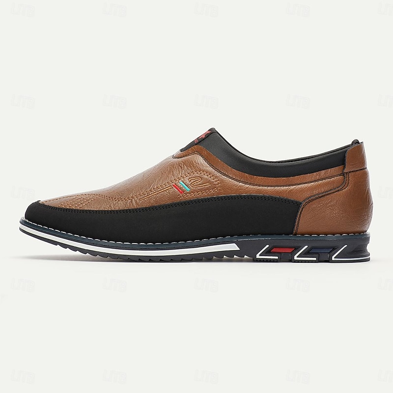 Men's Casual Slip-On Loafers - Brown and Black Breathable Leather Shoes for Everyday Wear4