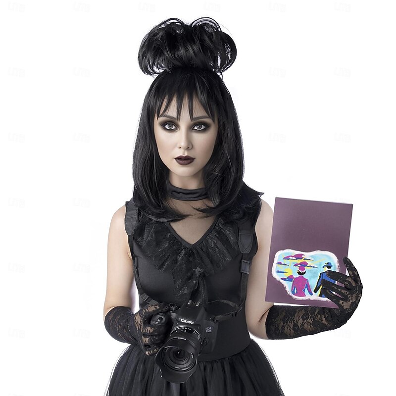 Lydia Deetz Cosplay Costume Party Wig Bride Fluffy Buns curly Women's Black Medium Long straight Beetle Wig with bangs Halloween Costume Accessories (Black/Lydia) - Main Image
