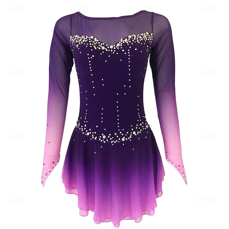 Figure Skating Dress Women's Girls' Ice Skating Dress Purple Patchwork Thumbhole Mesh High Elasticity Training Competition Skating Wear Classic Long Sleeve Ice Skating Figure Skating
